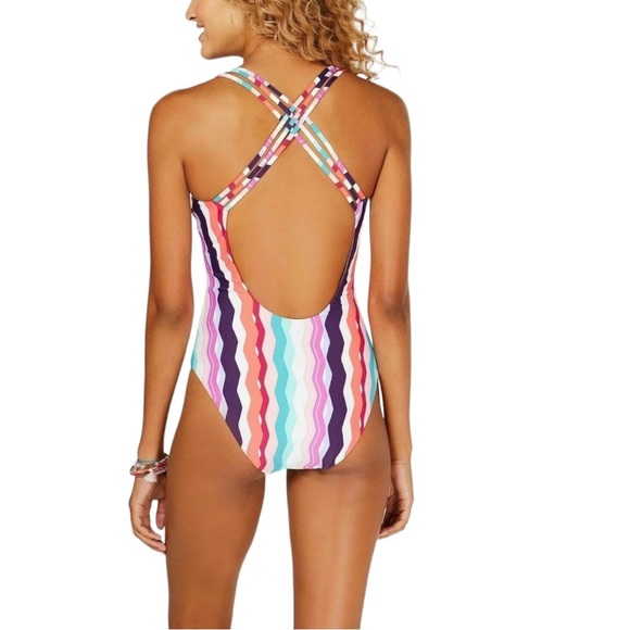 Bar III Waves Printed Strappy High Leg One-Piece Swimsuit - Picture 1 of 9